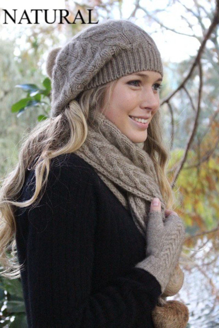 Merino Possum Cable Beanie with Rabbit Fur Pompom image 2